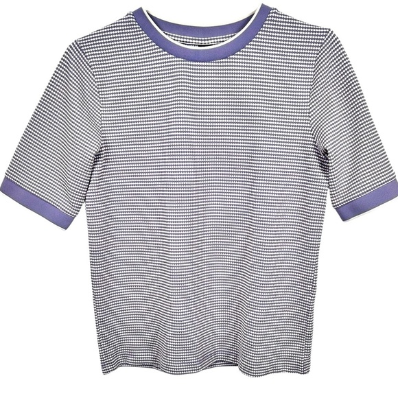 Simons Tops - Icône crewneck elevated tshirt, M, purple & white check pattern, Retro-Modern